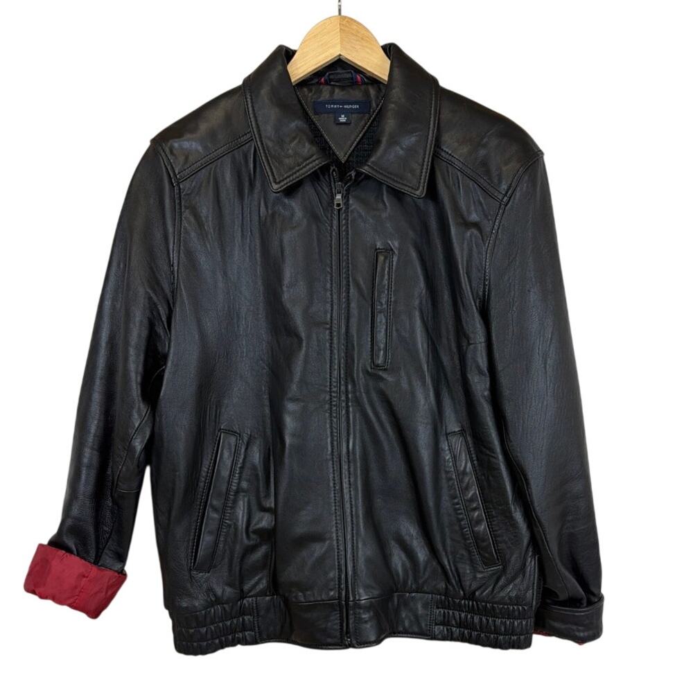 Tommy Hilfiger Black Leather Bomber Elastic Waist Zip Up Moto Jacket M